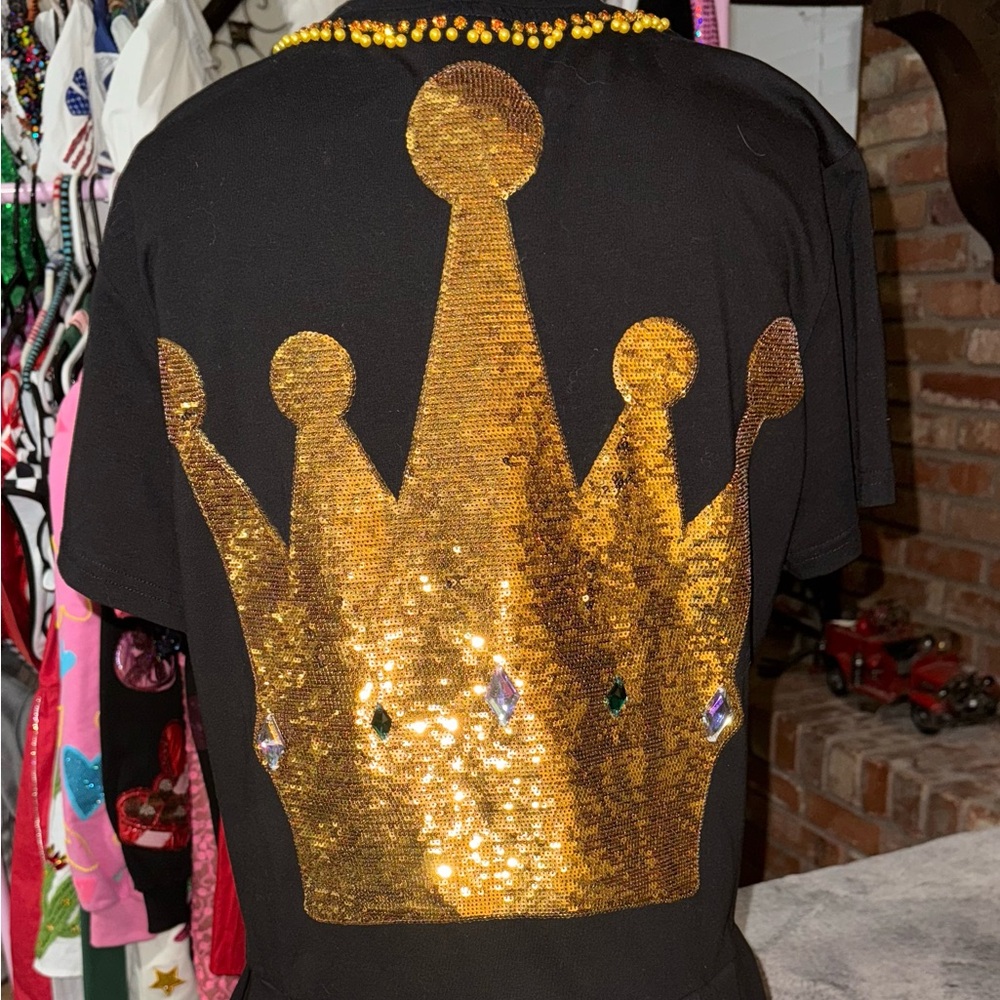 QUEEN OF SPARKLES Black Dress with Gold Crown